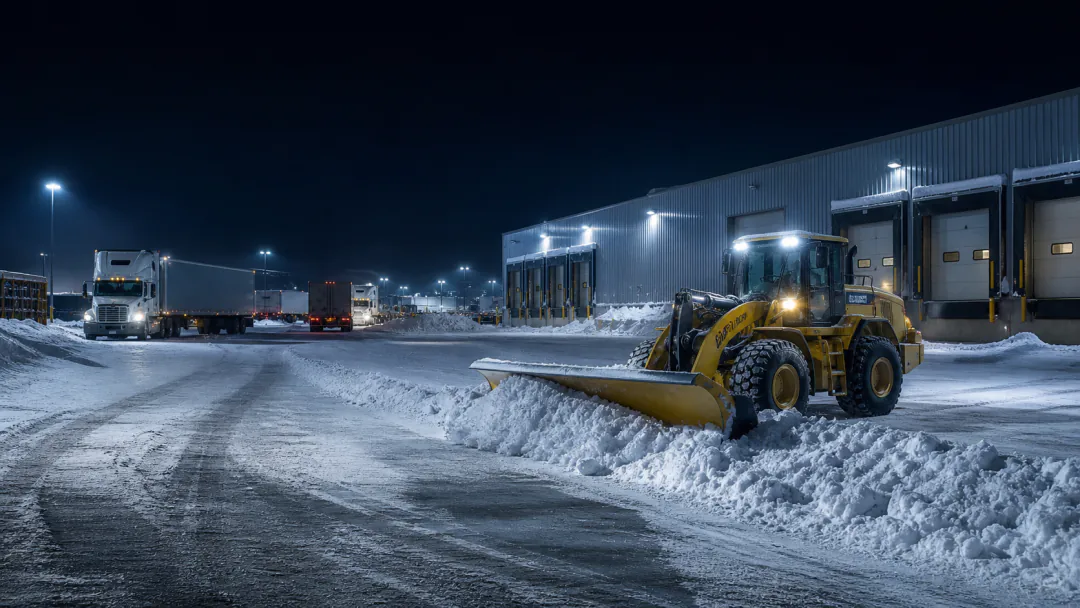 Loader clearing snow beside an active commercial loading facility