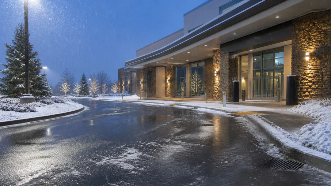 Commercial entrance during snowfall with visible wet pavement and curbside accumulation